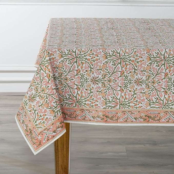 Ridhi Sassy Salmon Pink Hand Block Print Cotton Rectangle Tablecloth 108 x 60 inch-Reusable Table Cover Decorative Everyday Use for Dining Room, Farmhouse, Thanksgiving, Christmas Wedding, Fall