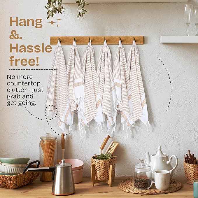 Beige Turkish Kitchen Towels 16x26 Inch, 5 Pack, 100% Cotton, Ultra Absorbent, Soft, Fast Dry, Machine Washable, Dish Towel with Tassels for Drying Dishes, Cleaning, Everyday Use