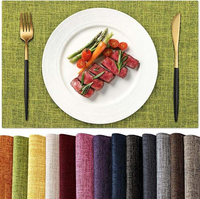 KXN Placemats Set of 8, Dual-Layer Thickened Faux Linen Table Mats, Heat Resistant & Wrinkle-Free, Machine Washable Cloth Place Mats for Kitchen Dining Indoor Outdoor (Green)