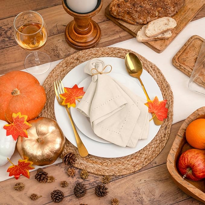 Blue Needles Set of 6 Hemstitch Linen Napkins 100% Cotton Cream Cloth Dinner Napkins 18x18 inches, Soft, Reusable, Absorbent, Washable, Ideal for Fall Thanksgiving Events, Parties & Everyday Use