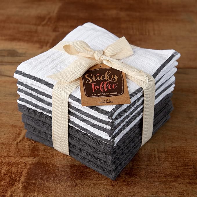 Sticky Toffee Cotton Dishcloths Set of 8 – 12x12 in Gray and White Tea Towels, Reusable and Absorbent Dish Cloths for Cleaning or Drying, Oeko-Tex Cotton