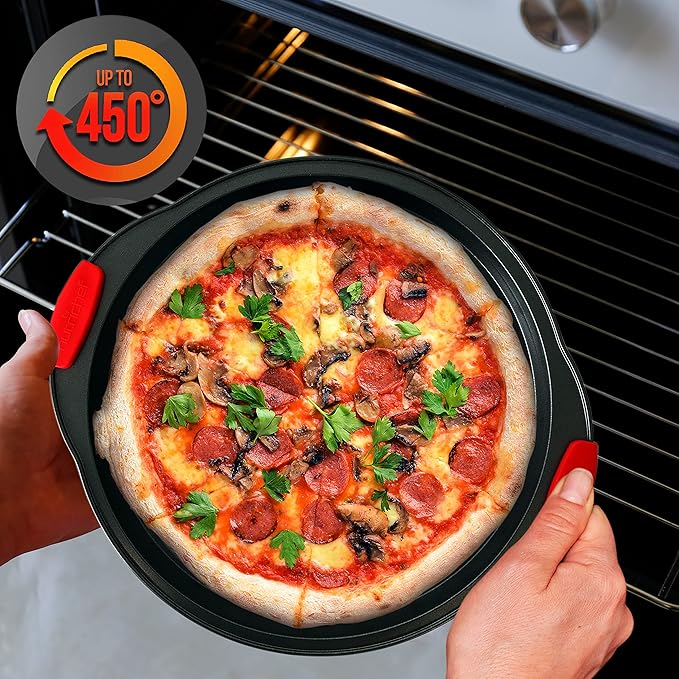 NutriChef Non-Stick Pizza Tray with Silicone Handles, 4-Pack Round Steel Non-Stick Pans with Perforated Holes, Premium Bakeware, Pizza Trays with Silicone and Oversized Handles, Dishwasher Safe