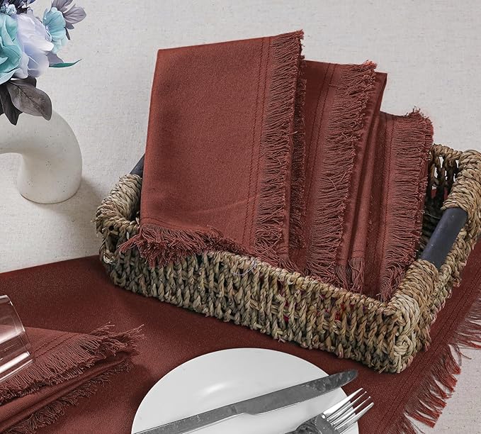 Bedding Craft Cotton Cloth Dinner Napkins Set of 12 – 18x18 Chili Oil with Frayed Selvedge Edges – Machine Washable Fabric Napkins for Weddings, Baby Showers, Parties & Table Décor