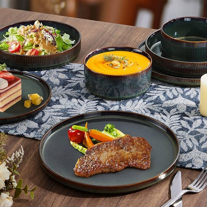 LIANYU Dinnerware Sets with Pasta Bowls, 16 Piece Plates and Bowls Set for 4, Ribbed Stoneware Dishes Set for Kitchen Dining, Microwave and Dishwasher Safe, Jungle Green