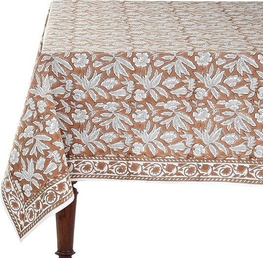 Ridhi Oak Brown Hand Block Print Cotton Rectangle Tablecloth 108 x 70 inch-Reusable Table Cover Decorative Everyday Use for Dining Room, Farmhouse, Thanksgiving, Christmas Wedding, Fall