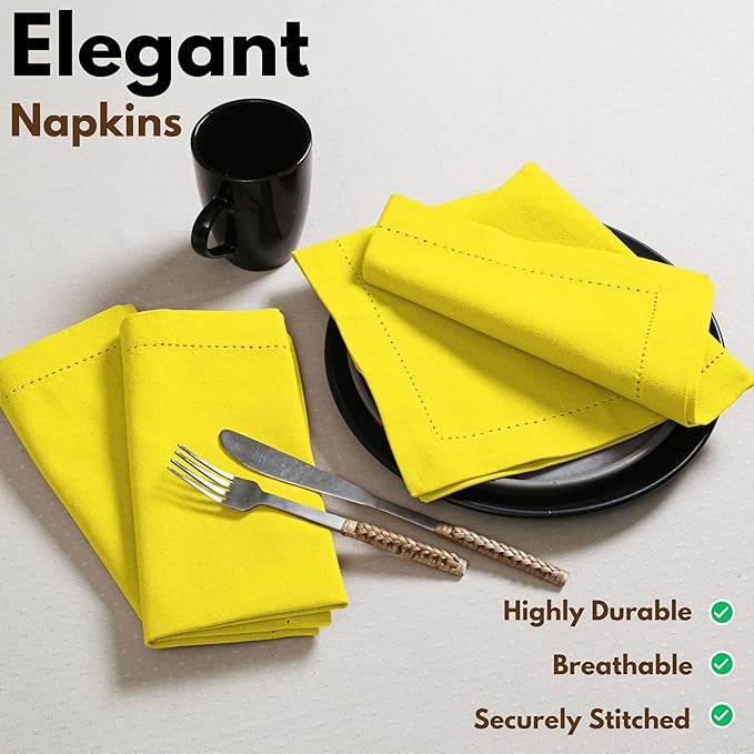 Native Fab Yellow Cloth Napkins, 100% Cotton, Set of 12, Hemstitch Corners, 18x18 inch, Soft, Durable, Reusable, Premium Hotel Quality - Events, Wedding, Table, Dinner Napkins - Lemon Yellow