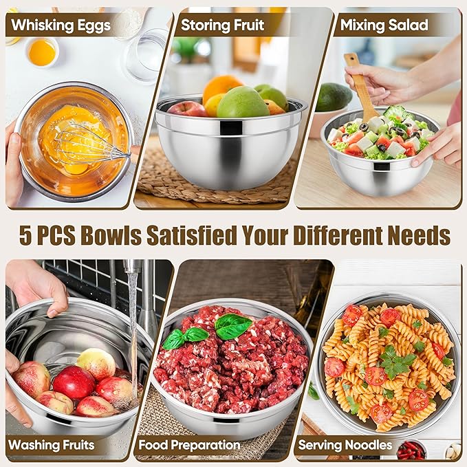 P&P CHEF Mixing Bowls with Airtight Lids Set of 5, 10-Piece Stainless Steel Mixing Nesting Bowl, Metal Bowl with Lid for Kitchen Prepping & Storing, Size 4.6, 3, 1.5, 1, 0.7 QT, Khaki