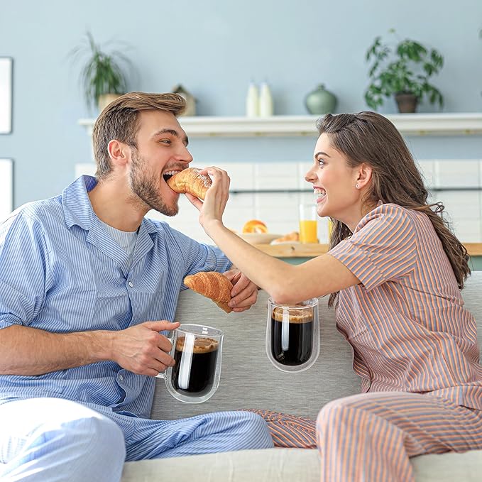 Double Walled Glass Coffee Mugs 16 OZ, Borosilicate Glass Coffee Cups Set of 2 with Spoons, Insulated Clear Coffee Mug for Hot Beverages, Cappuccino, Latte, Tea Bag.