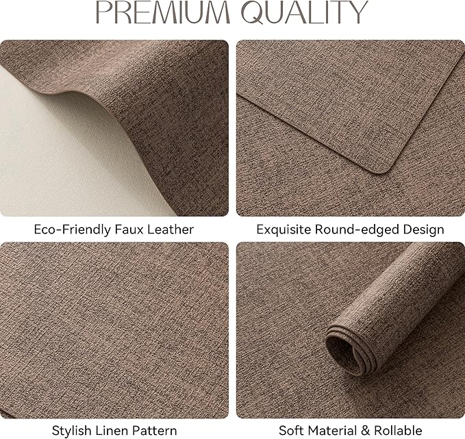 Romanstile Vinyl Placemats Set of 6-12 X 18 Inch - Heat Resistant Place Mats 100% Waterproof Oilproof Wipeable Reversible Faux Leather Table Mats for Kitchen/Dining/Party/Outdoor, Brown