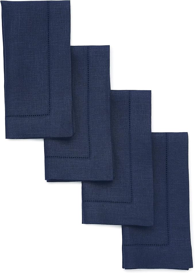 Solino Home Navy Blue Linen Napkins Set of 4-100% Pure Linen Hemstitch Dinner Napkins 20 x 20 Inch for Fall, Autumn, Thanksgiving, Christmas, Holiday, Winter - Classic Hemstitch