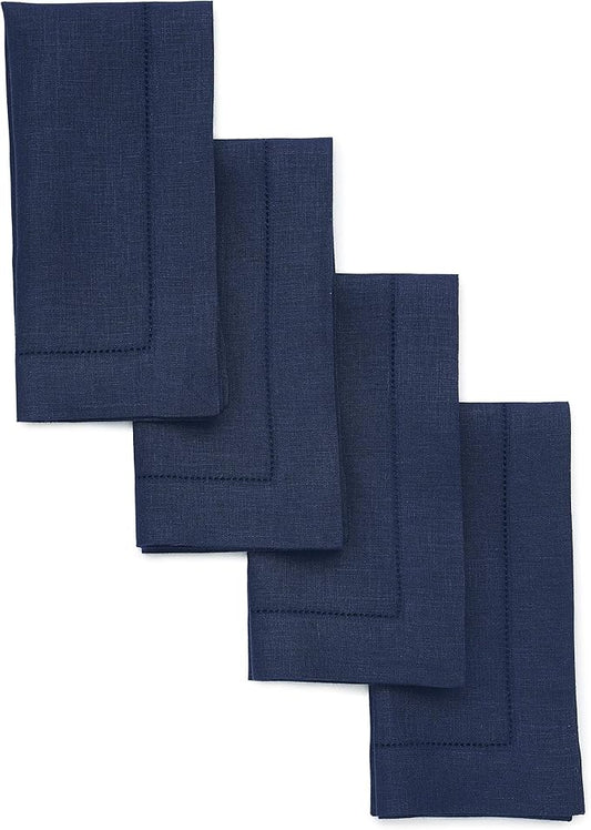 Solino Home Navy Blue Linen Napkins Set of 4-100% Pure Linen Hemstitch Dinner Napkins 20 x 20 Inch for Fall, Autumn, Thanksgiving, Christmas, Holiday, Winter - Classic Hemstitch