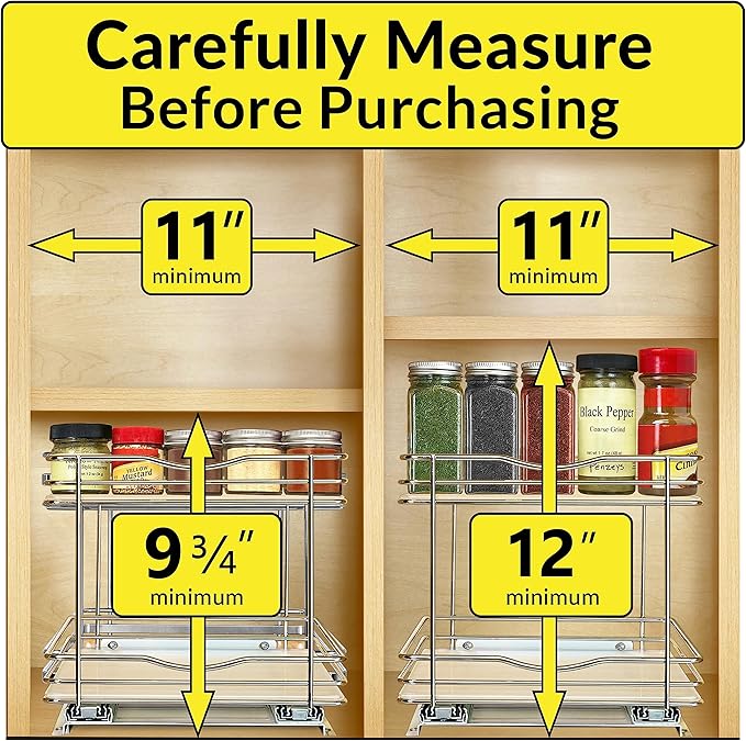 LYNK PROFESSIONAL® Pull Out Spice Rack Organizer for Inside Kitchen Cabinets - 10-3/8 inch Wide - Slide Out Drawer – Chrome Sliding Spice Cabinet Organization Shelf Racks - 2 Tier