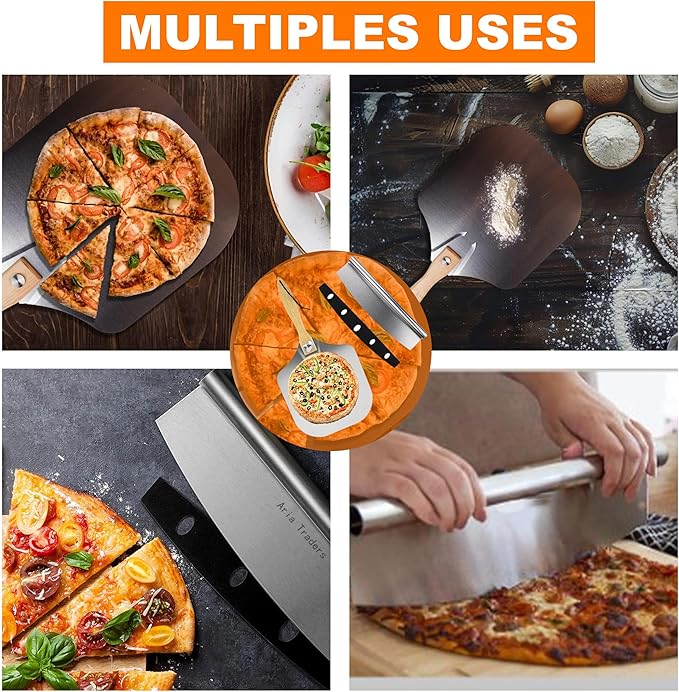 Aluminum Metal Pizza Peel (12" X 14"), Pizza Spatula with 14’’ Rocker Cutter, Pizza Paddle with Foldable Wooden Handle for Easy Storage, Pizza Spatula Paddle for Indoor & Outdoor Ovens