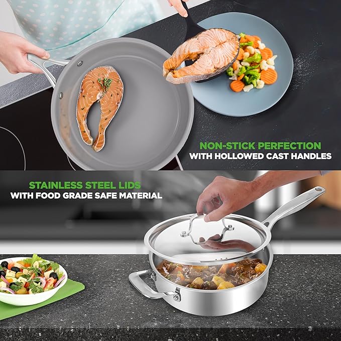 NutriChefKitchen Kitchenware Pots & Pans Set-12-Piece Set Clad Kitchen Cookware w/Steel Handles,Fry Pan Interior Coated w/Prestige Ceramic Non-Stick Coating,Stylish Kitchen Cookware,one size,NCSSX45