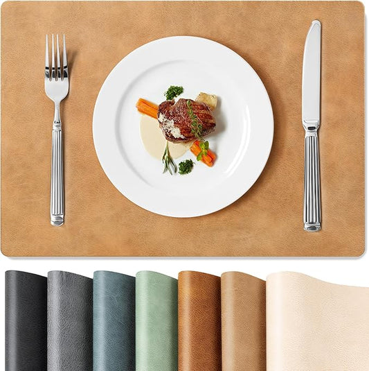 Roxifina Faux Leather Placemats Set of 4 - Vinyl Placemats Wipeable Waterproof Oil-Proof PU Place Mats Heat Resistant Reversible Table Mats for Dining, Kitchen, Outdoor, 12 x 17 Inch (Camel)
