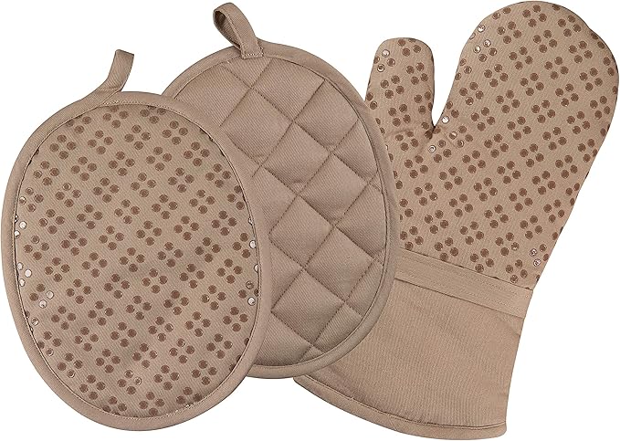 Sticky Toffee Oven Mitt and Pot Holder Set of 3 – Tan Kitchen Hot Pads and Mitts with Non-Slip Silicone Grip, 100% Cotton Shell, Oeko-Tex Cotton