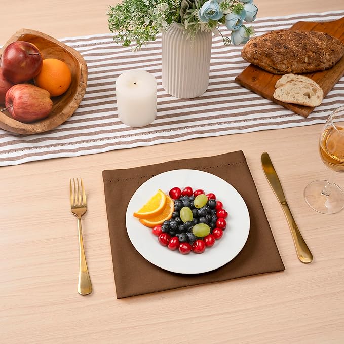 Blue Needles Set of 6 Hemstitch Linen Napkins 100% Cotton Nut Brown Cloth Dinner Napkins 18x18 inches, Soft, Reusable, Absorbent, Washable, Ideal for Fall Thanksgiving Events, Parties & Everyday Use