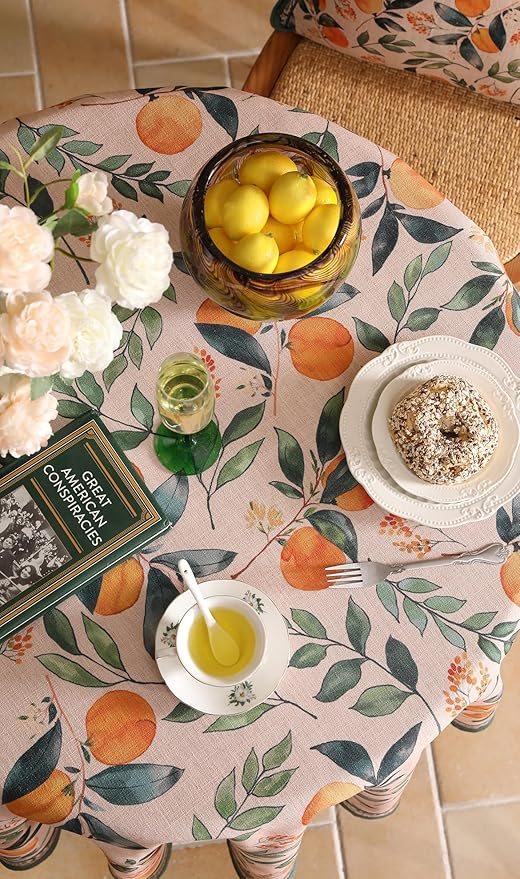 patdrea Designer Orange Tablecloth for Round Tables,Framhouse Linen Oranges and Leaves Tree Pattern Linen Tablecloth,Fall Fruit Table Cover Cloth Decor for Kitchen Dining Christmas,Diameter 67"