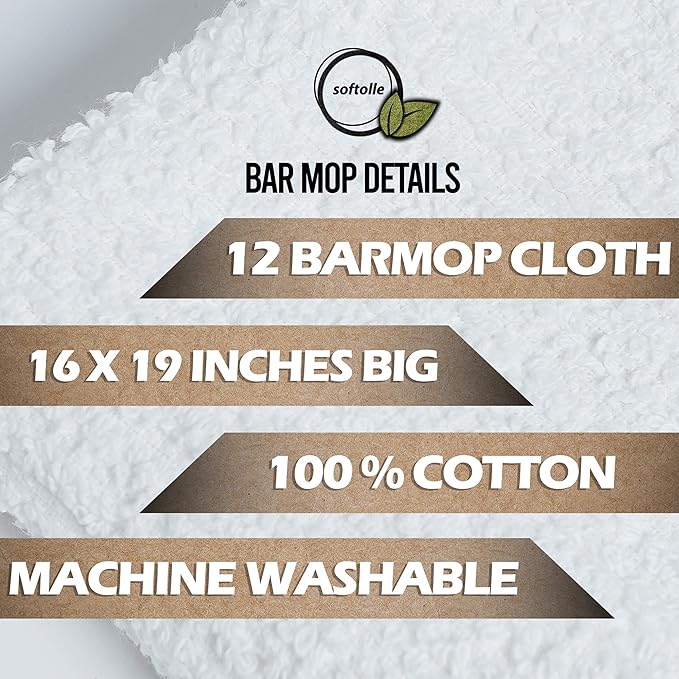 Softolle Bar Mop Towels, Pack of 12-16x19 Inches - 100% Cotton Super Absorbent Towels, Multi-Purpose for Home and Bar Cleaning (White-Black)