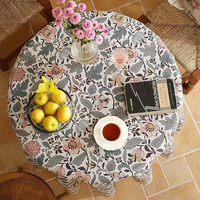 Floral Tablecloth for Round Tables,Linen Table Cloth with Gray-Green Tone and Silver Lotus Pattern,Heavy Durable Table Cover for Dining Kitchen Decor Party Christmas,Diameter 55"