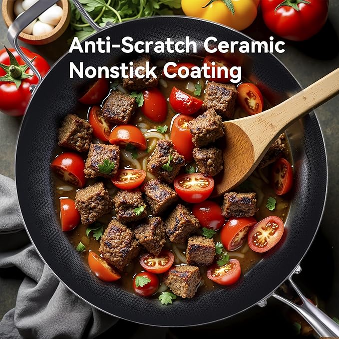 13-Inch Nonstick Hybrid Frying Pan with Lid, Ceramic Coated Tri-Ply Stainless Steel Induction Chef's Pan, Large Skillet, PFOA Free, Oven & Dishwasher Safe for All Stoves, Detachable Handle