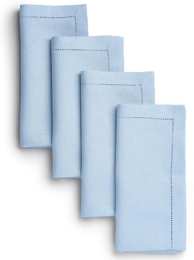 D'Moksha Homes Powder Blue Linen Napkins Set of 4 - Classic Hemstitch 100% Pure Linen Dinner Napkins Cloth 20 x 20 Inch for Fall, Thanksgiving, Holiday - Handcrafted and Machine Washable