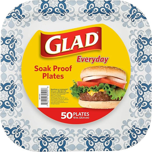Glad Square Disposable Paper Plates, Blue Victorian Pattern - Strong, Sturdy, Soak Proof, and Microwavable Decorative Plates for Dinner and Everyday Use, 10 Inch, 50 Count