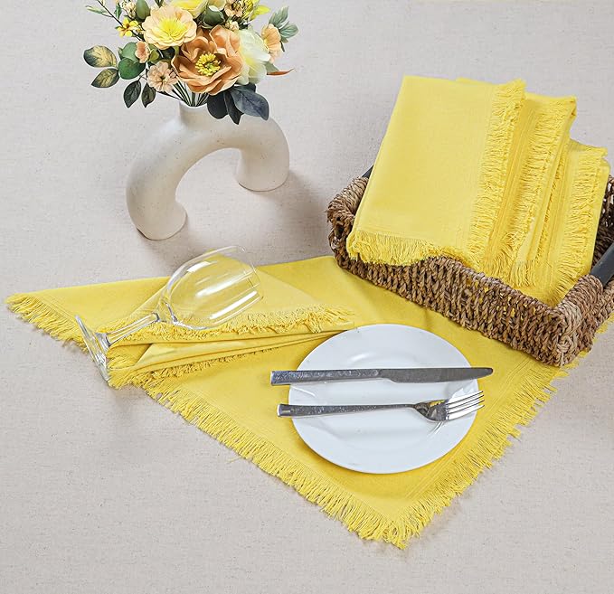 Bedding Craft Cotton Cloth Dinner Napkins Set of 12 – 18x18 Golden Kiwi Yellow with Fringed Corners – Machine Washable Fabric Napkins for Weddings, Baby Showers & Everyday Dining