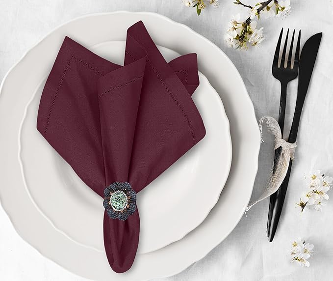 Ruvanti Premium Linen Napkins Set of 4-20x20 Inch, Classic Hemstitch, Mitered Corner Cloth Napkins ‎‎- Soft, Elegant Dinner Napkins Cloth Washable for Weddings, Parties, Everyday Use - Burgundy