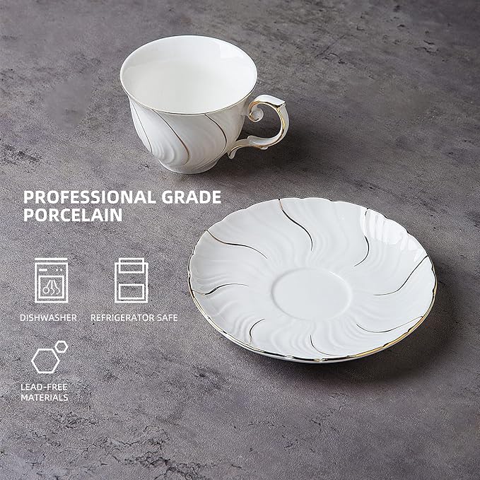 tea cups and saucers ceramic coffee mug 6oz for Coffee, Latte, Cafe Mocha and Tea-Set of 4, White