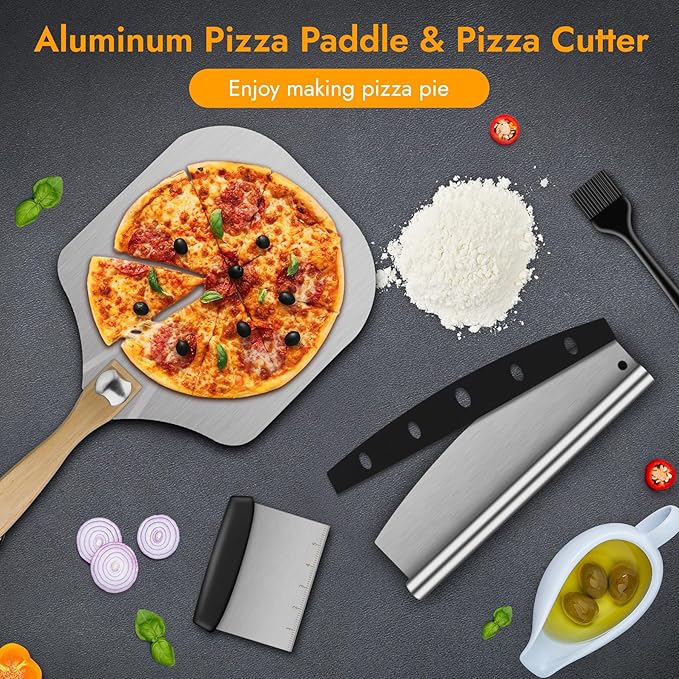 Pizza Peel, 12" x 14" Pizza Spatula for Oven, Aluminum Pizza Paddle with Cutter Scraper Pastry Brush, Pizza Peels Oven Accessories for Baking Homemade Pizza Dough Bread