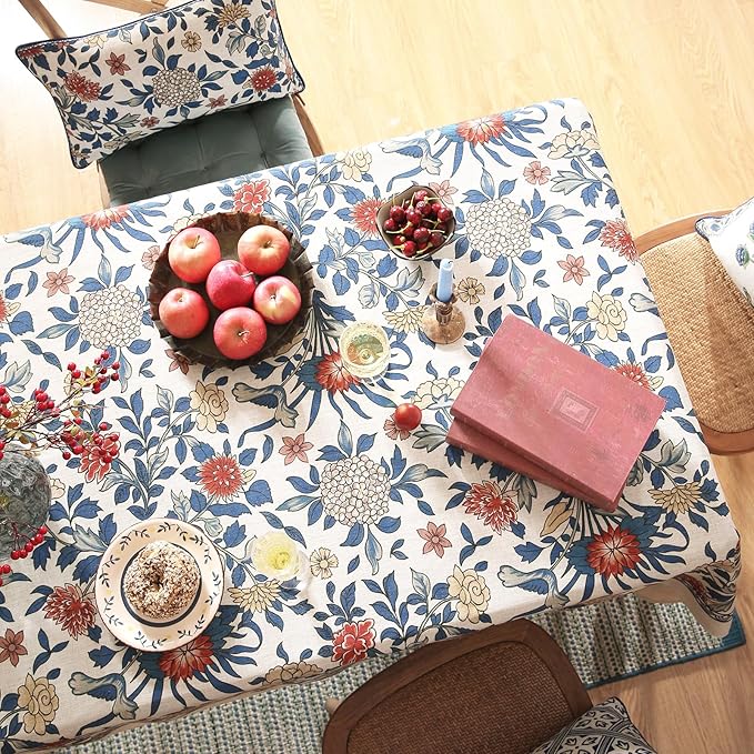 patdrea Designer Blue Tablecloth for Rectangle Tables,Vintage Linen with Leaves and Flowers Pattern Tablecloths,Farmhouse Floral Table Cover Cloth Decor for Kitchen Dining Christmas,55"*87"