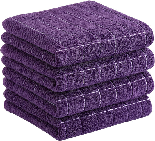Homaxy 100% Cotton Terry Kitchen Towels(Purple, 13 x 28 inches), Checkered Designed, Soft and Super Absorbent Dish Towels, 4 Pack