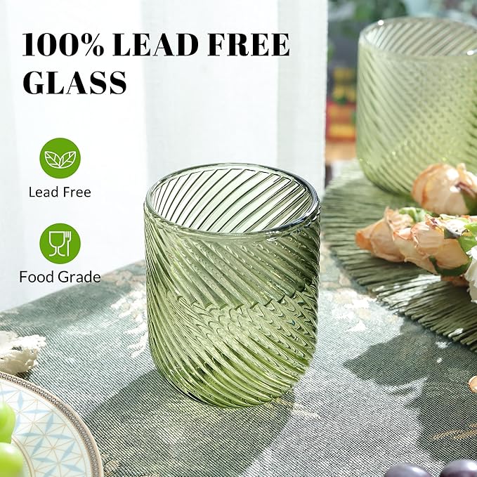 Joeyan Vintage Small Drinking Glasses,Green Ribbed Embossed Colored Water Glasses Tumbler Cups,Glassware for Beverages Cocktail Whisky Beer Juice,9 oz,Set of 4,Dishwasher Safe
