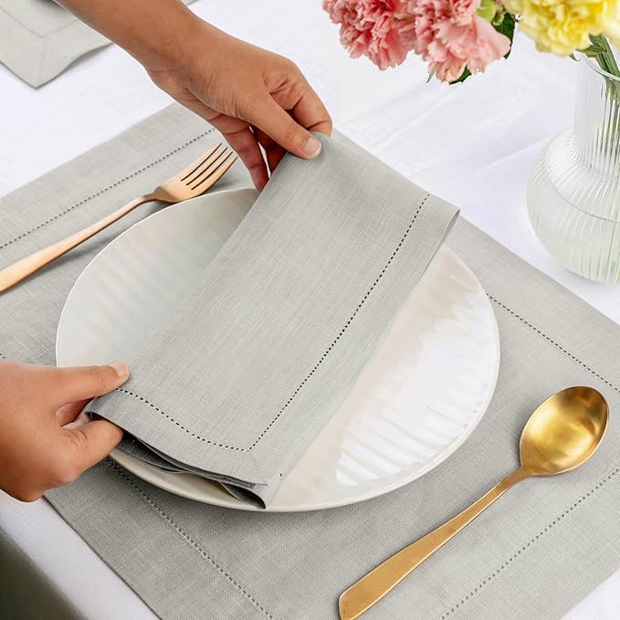 D'Moksha Homes Silver Grey Linen Napkins Set of 4 - Classic Hemstitch 100% Pure Linen Dinner Napkins Cloth 20 x 20 Inch for Fall, Thanksgiving, Holiday - Handcrafted and Machine Washable