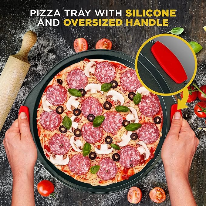 NutriChef Non-Stick Pizza Tray with Silicone Handles, 4-Pack Round Steel Non-Stick Pans with Perforated Holes, Premium Bakeware, Pizza Trays with Silicone and Oversized Handles, Dishwasher Safe