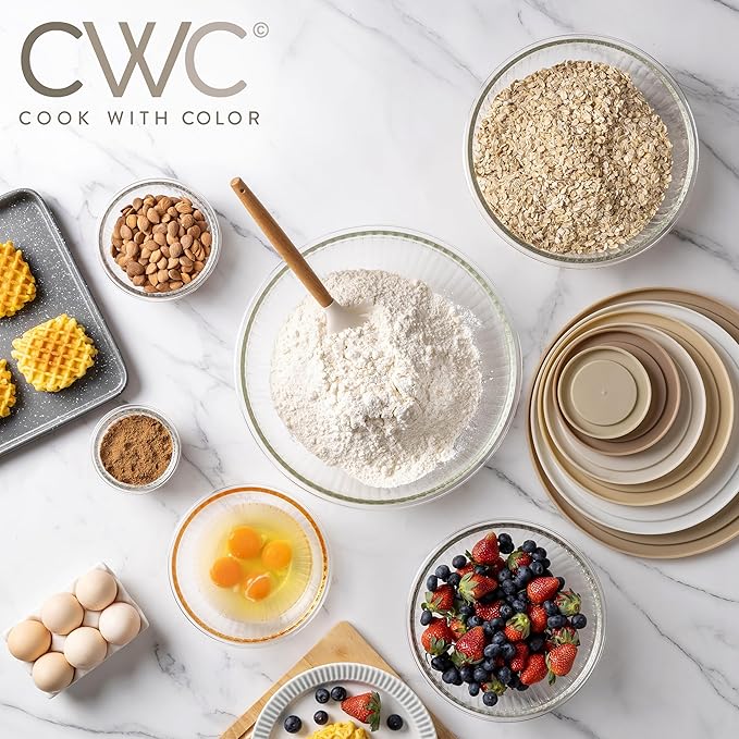 COOK WITH COLOR 12 Pc Glass Mixing Bowl Set with Lids – Borosilicate Glass Nesting Bowls for Cooking, Baking and Meal Prep, Fluted Brown