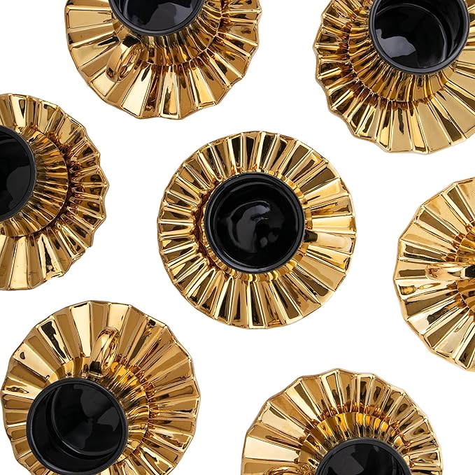 Turkish Coffee Cup Set of 6 with Saucers & Tray - Luxury Arabic Greek Japanese Marble Ceramic Tea Cups for Espresso Cappuccino Latte Mocha, Ideal Gift - 6.7oz, Black Gold