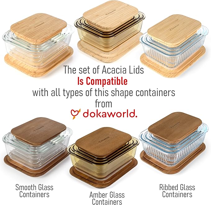 Natural Bamboo Lids Set for Food Storage Glass Containers (4pcs) - Lids are compatible with all Glass Food Storage Containers Sets