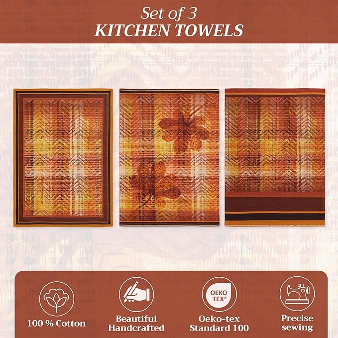 Maison d' Hermine Kitchen Towels Set of 3 100% Cotton 20" x 27.5" Reusable Cloth Tea Dish Towels Absorbent with Hanging Loop for Kitchen Dining Thanksgiving Christmas Decorations (Thanksgiving Tartan)