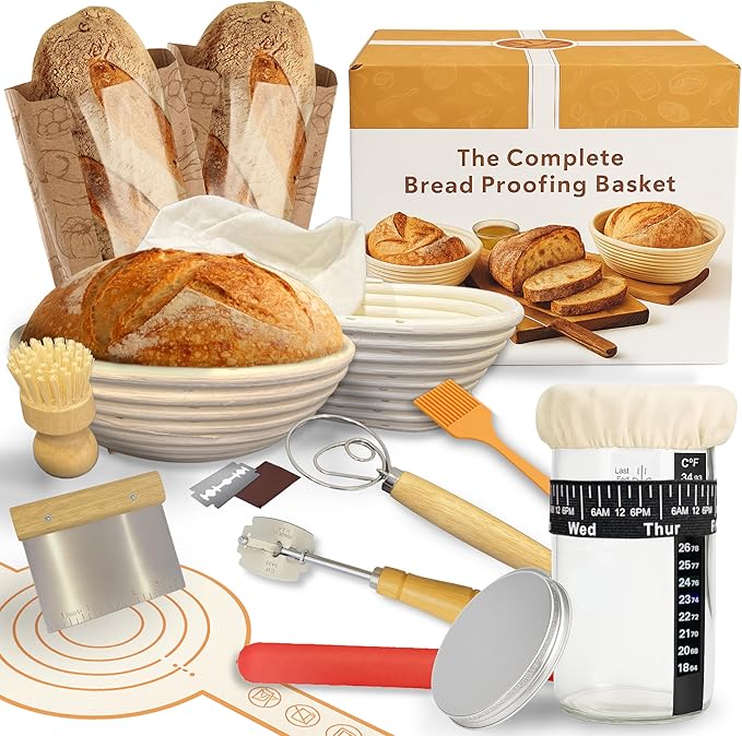 ARHY Sourdough Starter & Bread Baking Kit – 700ml Wide-Mouth Fermentation Jar + Round & Oval Rattan Bannetons – Complete Tool Set with Online Recipe Guide