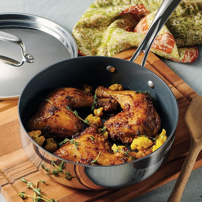 Tramontina Utsava Tri-Ply Clad Stainless Steel 2.9-Quart Saute Pan with Lid and Ceramic Non Stick Interior, Induction-Ready Cooking Pan