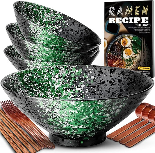 8-Inch Ceramic Ramen Bowl Set of 4 (17 Piece) - Porcelain Japanese Salad Noodles Cereal Fruit Pasta Soup Large Bowls with Recipes Chopsticks Forks Spoons for Men Women Gift Microwave Dishwasher Safe