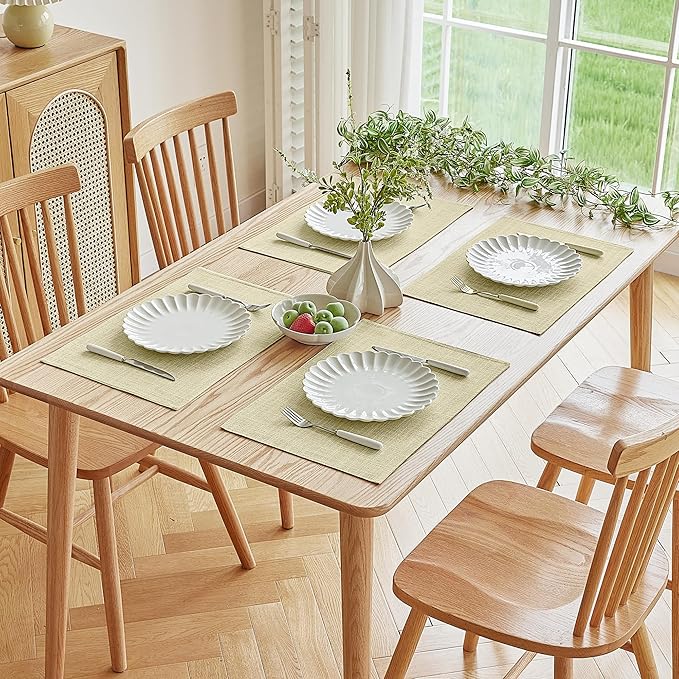 Softalker Faux Linen Placemats Set of 6-12 x 18 Inch, Heat Resistant Double Layered Durable Burlap Farmhouse Place Mats, Non-Slip Washable Rustic Table Mats for Dining, Kitchen, Party（Light Linen