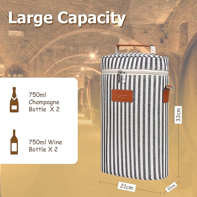 Tirrinia 2 Bottle Insulated Wine Tote Carrier - Leakproof, Padded Cooler Bag for Travel, BYOB, Tasting, Parties - Great Gift for Wine Lovers, Striped