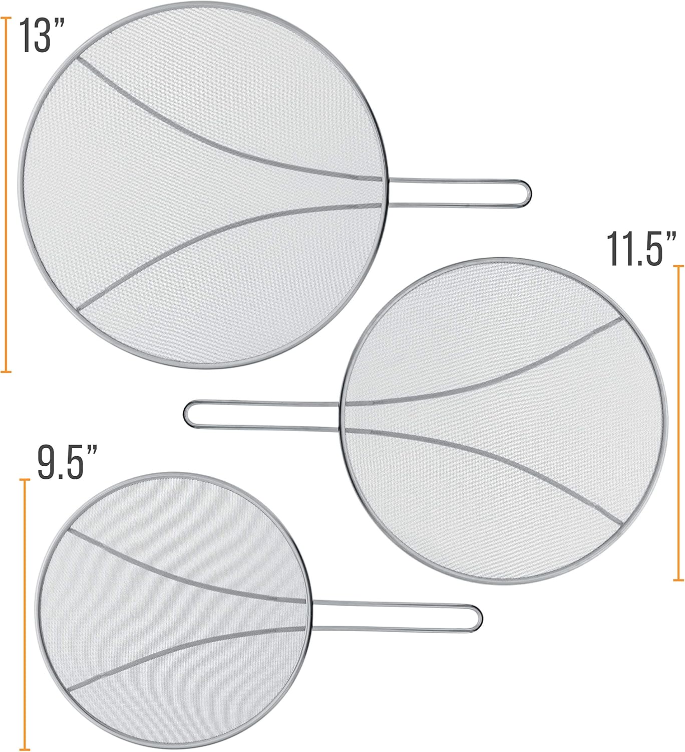 U.S. Kitchen Supply Set of 3 Stainless Steel Splatter Screen - 13", 11.5" & 9.5" Sizes - Fine Mesh Splatter Screen with Resting Feet Set, Grease Guard for Kitchen Pots and Pans