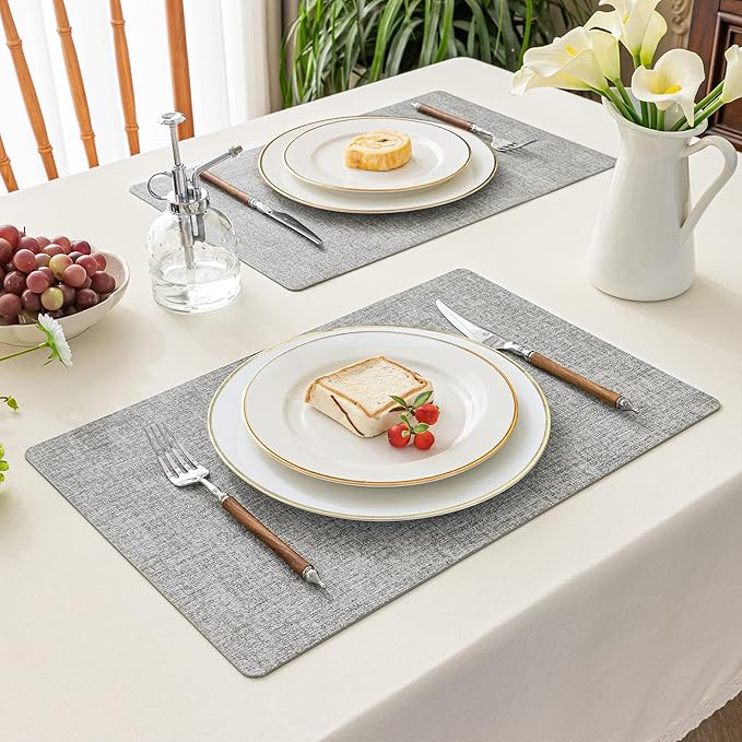 Romanstile Vinyl Placemats Set of 6-12 X 18 Inch - Heat Resistant Place Mats 100% Waterproof Oilproof Wipeable Reversible Faux Leather Table Mats for Kitchen/Dining/Party/Outdoor, Light Grey