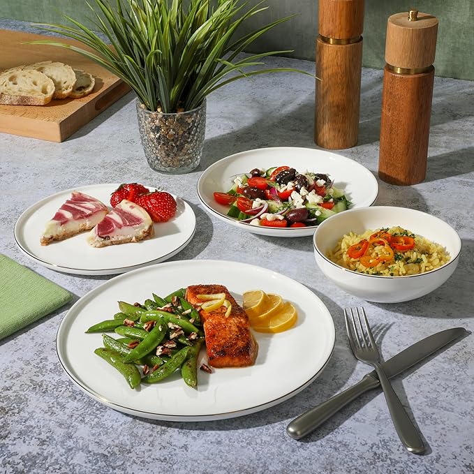 Gibson Elite Lana 16 Piece Bone China Double Plates and Bowls Dinnerware Set, White w/Gold Rim