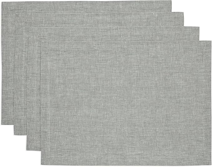 Solino Home Linen Cloth Placemats Set of 4-100% Pure Linen Chambray Grey Placemats 14 x 19 Inch for Fall, Autumn, Thanksgiving - Athena