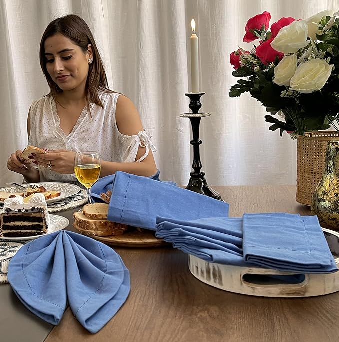Bedding Craft Cotton Cloth Dinner Napkins Set of 12 – 18x18 Water Blue Hemstitched – Soft Durable Machine Washable Fabric Napkins for Weddings, Christmas, New Year & Everyday Dining